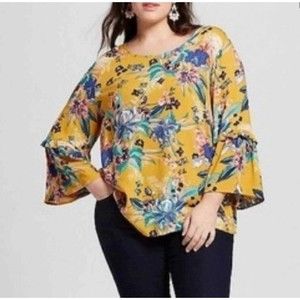 Ava & Viv Yellow Floral 3/4 Bell Sleeve Rayon Flowy Boho Top 1X